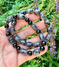LARVIKITE & BLACK OBSIDIAN Stone Bracelet, Choice, Natural Norway Norwegian Gemstone, Beaded, Men's, Unisex