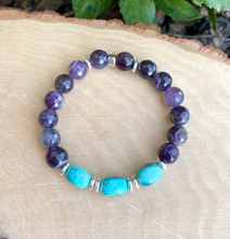 KINGMAN TURQUOISE & AMETHYST Bracelet, Stretch, Beaded, Silver, Natural Stone Gemstone Crystal Quartz