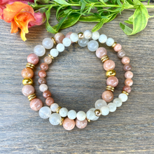 MOONSTONE BRACELET, Choice 6mm or 8mm, with Gold Accents, Peach, Gray & Siberian Natural Stone, Gemstone Crystal