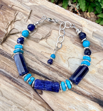 SODALITE & KINGMAN TURQUOISE Bracelet, Silver, Adjustable, Clasp, Beaded, Natural Stone Crystal Gemstone