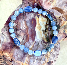 BLUE KYANITE BRACELET Silver Stretch Beaded, Natural Stone Crystal Gemstone