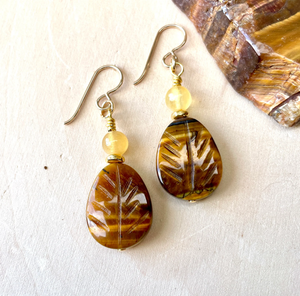 TIGER'S EYE & Honey Calcite Dangle Earrings, Carved Leaf, Beaded, Gemstone Crystal Stone