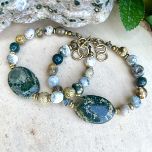 OCEAN JASPER BRACELET with Antiqued Brass, Choice, Adjustable Clasp 7"-8", Beaded Natural Stone Gemstone Crystal