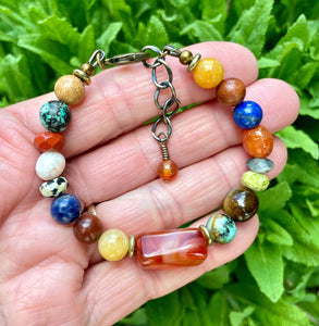 BOHO FIESTA NECKLACE & Bracelet Set, featuring Carnelian Agate + other Gemstones, Antiqued Brass Adjustable Chain, Crystal Natural Stone