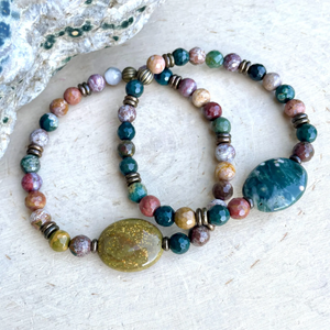 OCEAN JASPER BRACELET, Choice, Antiqued Brass, Stretch, Beaded, 7" & 7.5", Gemstone Natural Stone Crystal