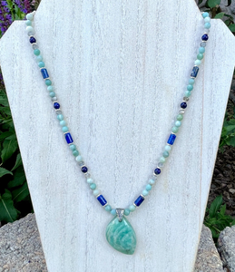 AMAZONITE PENDANT NECKLACE with Lapis Lazuli & Labradorite, Beaded, 20", Natural Stone Crystal Gemstone Pendant, Silver Chain