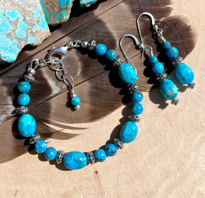 KINGMAN TURQUOISE BRACELET with Silver, Clasp, Blue Round & Pebble, Beaded, Genuine, Crystal Natural Stone Gemstone