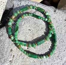 AFRICAN GREEN JADE Bracelet Duo Stack with Rustic Brass, Natural Stone Gemstone, Crystal Stretch Bracelets, Set of 2