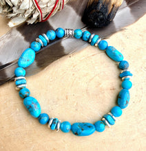KINGMAN TURQUOISE BRACELET with Silver, Stretch, Blue Round & Pebble, Beaded, Genuine, Crystal Natural Stone Gemstone