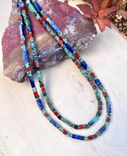 LAPIS LAZULI & AFRICAN TURQUOISE Necklace, Choice, 18", Beaded Cube Gemstone Strand with Gold Brass, Natural Stone Crystal