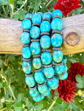 KINGMAN TURQUOISE BRACELET, with Silver, Stretch, Blue Green Potato/Pebble, Beaded, Genuine, Natural Stone Gemstone