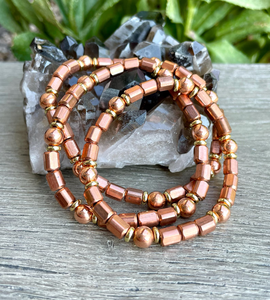 COPPER BEAD BRACELET, with Gold Accents, Stretch, Beaded, 6"-8.5", Healing Mineral