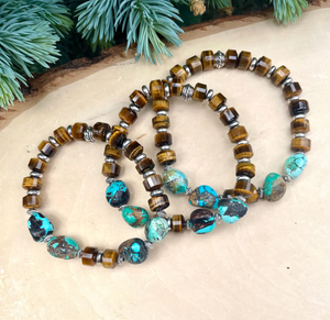 TURQUOISE & TIGER'S EYE Bracelet, Choice, with Silver, Stretch Beaded, Genuine Dragon Skin Turquoise, Gemstone Crystal Stone