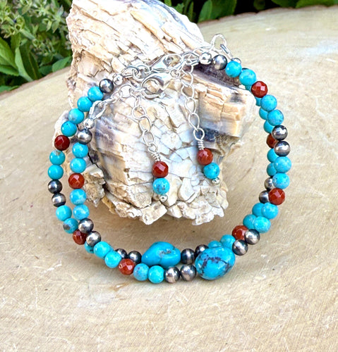 KINGMAN TURQUOISE BRACELET Blue, Sterling Silver Pearls & Clasp, Minimalist, Beaded, Genuine, Crystal Natural Stone Gemstone, Small Bead