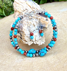 KINGMAN TURQUOISE BRACELET Blue, Sterling Silver Pearls & Clasp, Minimalist, Beaded, Genuine, Crystal Natural Stone Gemstone, Small Bead