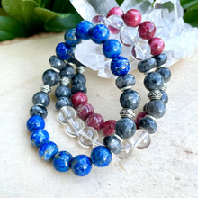THULITE, LAPIS LAZULI & Clear Quartz Bracelet Stack, with Larvikite and Silver, 10mm Beaded, Stretch, Genuine Natural Stone Gemstone
