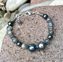 PEACOCK FRESHWATER PEARL BRACELET with Labradorite & Hematite, Clasp, Silver, Gray/Black Natural Stone, Gemstone, Crystal, Adjustable
