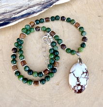 WILD HORSE JASPER Pendant Necklace with Jade, Bronzite, Black Rosewood, Silver, Beaded, Adjustable 18"-20"
