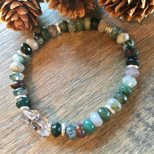 Herkimer Diamond & Moss Agate Bracelet, Stretch, Natural Gemstone Crystal