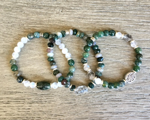 MOSS AGATE & RAINBOW Moonstone Bracelet, Stretch, Natural Stone Gemstone, Green and White Crystal