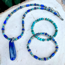 LAPIS LAZULI BRACELET with Azurite Chrysocolla, Labradorite & Pyrite, Beaded, Stretch, Natural Stone Crystal Gemstone, Blue Green