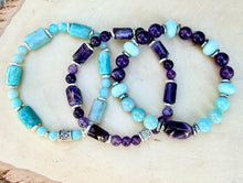 PERUVIAN AMAZONITE & AMETHYST Bracelet Stack, Natural Stone Gemstone Crystal, Stretch Beaded