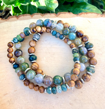 MOSS AGATE & SANDALWOOD Bracelet Stack, Silver, Stretch, Genuine Natural Green Gemstone, Wood, Crystal, Earthy Stone