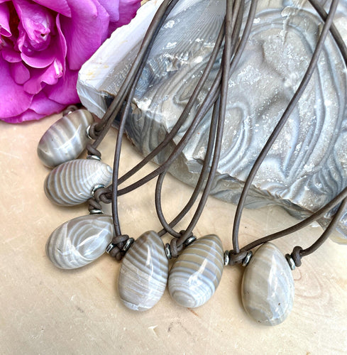 POLISH FLINT PENDANT Necklace, Choice, Brown Leather Cord, Poland Banded Natural Stone, Gemstone Crystal, Adjustable 14