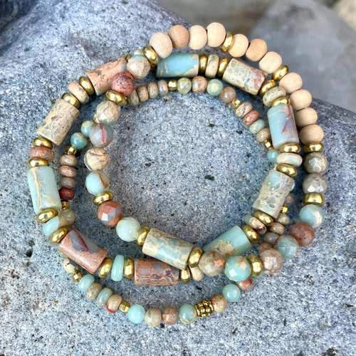 SNAKE SKIN JASPER Bracelet Stack, with Rosewood & Brass, Earth Tones, Natural Stone, Gemstone Crystal