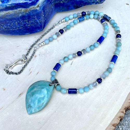 AMAZONITE PENDANT NECKLACE with Lapis Lazuli & Labradorite, Beaded, 20