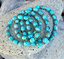 KINGMAN TURQUOISE BRACELET, with Silver, Stretch, Blue Green Potato/Pebble, Beaded, Genuine, Natural Stone Gemstone