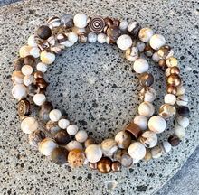 PETRIFIED WOOD BRACELET Stack with Copper Stretch Bracelets, Opalized Natural Stone Gemstone Crystal, Brown/Beige