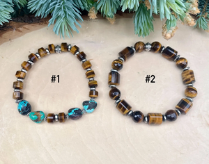 TURQUOISE & TIGER'S EYE Bracelet, Choice, with Silver, Stretch Beaded, Genuine Dragon Skin Turquoise, Gemstone Crystal Stone