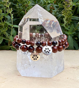 MAHOGANY OBSIDIAN BRACELET with Dog Paw Charm, Silver, Stretch, Gemstone Crystal Stone, Dog Lovers Gift