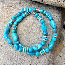 KINGMAN TURQUOISE BRACELET with Silver, Stretch, Blue Round & Pebble, Beaded, Genuine, Crystal Natural Stone Gemstone