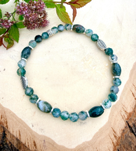 MOSS AGATE BRACELET w/Leaf Beads, Silver, Stretch, Natural Stone, Green Gemstone Crystal, Earthy