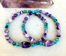 TURQUOISE & CHEVRON AMETHYST Bracelet, Stretch, 5-6mm + Oval, Beaded, Silver, Genuine Natural Stone Gemstone Crystal