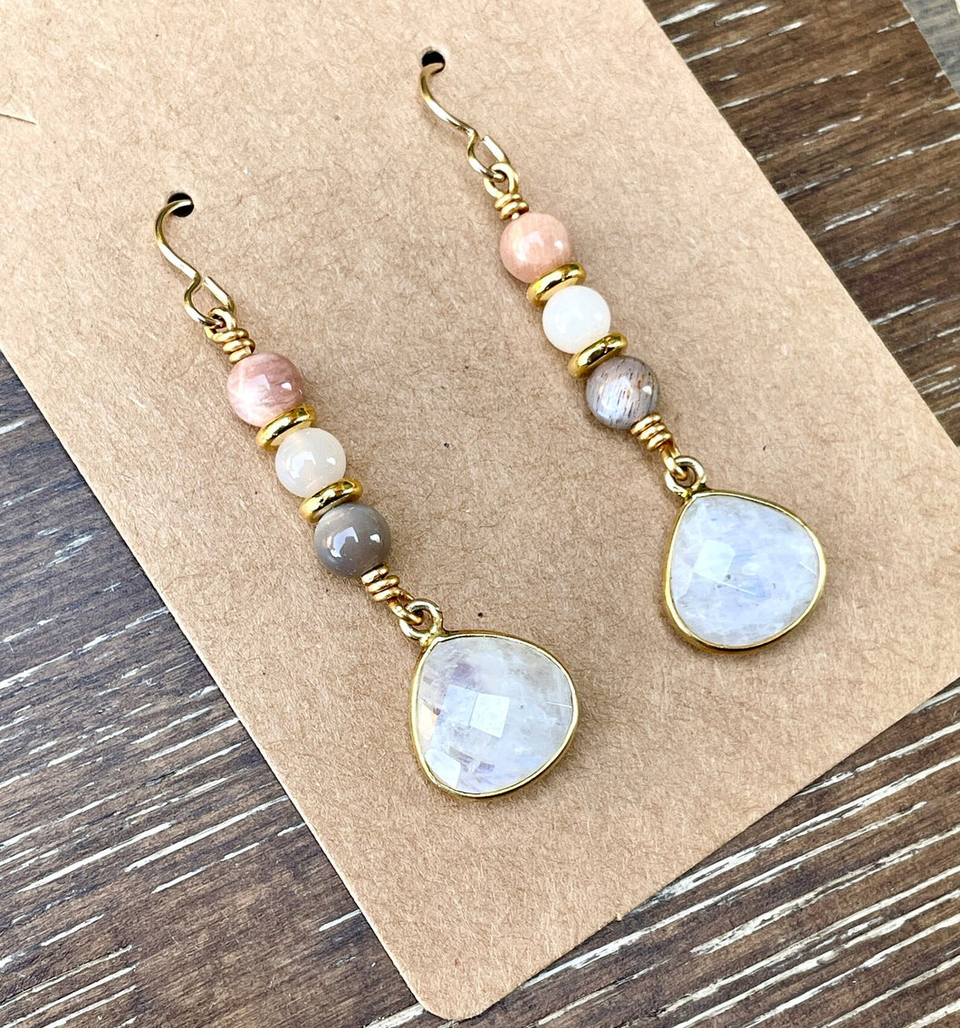 MULTI-MOONSTONE DANGLE Earrings, with Rainbow, Peach & Chocolate Moonstone Wire Wrapped Beads, 14K Gold Filled, Natural Stone, Dangling