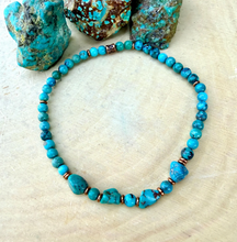 TURQUOISE COPPER BRACELET Minimalist, Blue Green, Nugget & Round Small Beads, Stretch, Genuine Natural Stone Gemstone