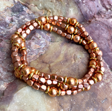 COPPER CUBE BRACELET, with Gold Accents, Stretch, Beaded, 6"-8.5", Healing Mineral
