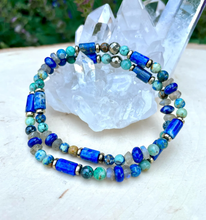 LAPIS LAZULI BRACELET with Azurite Chrysocolla, Labradorite & Pyrite, Beaded, Stretch, Natural Stone Crystal Gemstone, Blue Green