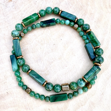 AFRICAN GREEN JADE Bracelet Duo Stack with Rustic Brass, Natural Stone Gemstone, Crystal Stretch Bracelets, Set of 2