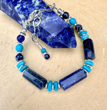 SODALITE & KINGMAN TURQUOISE Bracelet, Silver, Adjustable, Clasp, Beaded, Natural Stone Crystal Gemstone
