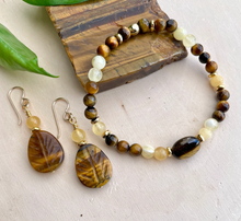 TIGER'S EYE & Honey Calcite Dangle Earrings, Carved Leaf, Beaded, Gemstone Crystal Stone