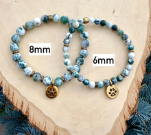 GREEN TREE AGATE Bracelet with Dog Paw Charm, Gold, Stretch, Gemstone Crystal Stone, Dog Lovers Gift