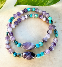 TURQUOISE & CHEVRON AMETHYST Bracelet, Stretch, 5-6mm + Oval, Beaded, Silver, Genuine Natural Stone Gemstone Crystal