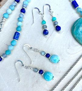AMAZONITE EARRINGS with Lapis Lazuli & Labradorite, Silver Dangle, Genuine, Crystal Natural Stone Gemstone