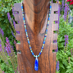 LAPIS LAZULI NECKLACE with Azurite Chrysocolla, Labradorite & Pyrite, Beaded, 18", Natural Stone Crystal Gemstone Pendant, Silver Chain