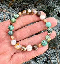 AFRICAN TURQUOISE & Opalized Petrified Wood BRACELET with Copper, Stretch, Natural Stone Gemstone Crystal