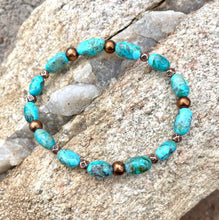 KINGMAN TURQUOISE BRACELET with Copper, Blue Nugget, Stretch Beaded, Genuine, Crystal Natural Stone Gemstone Arizona